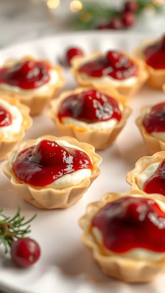 A plate of cranberry brie bites topped with cranberry sauce.