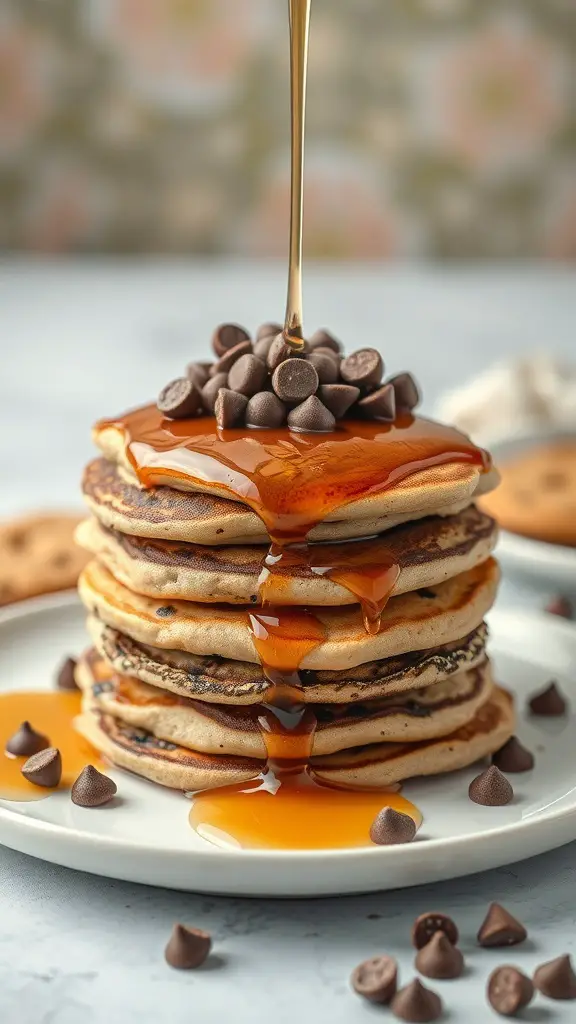 A stack of chocolate chip cookie dough pancakes topped with syrup and chocolate chips.