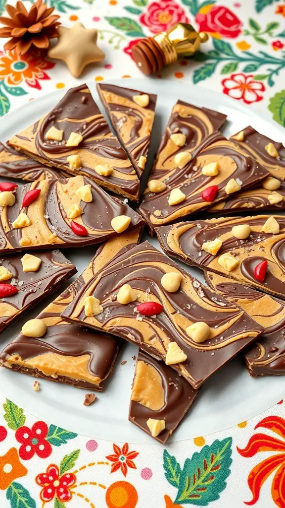Peanut Butter Chocolate Swirl Bark on a plate with festive decorations