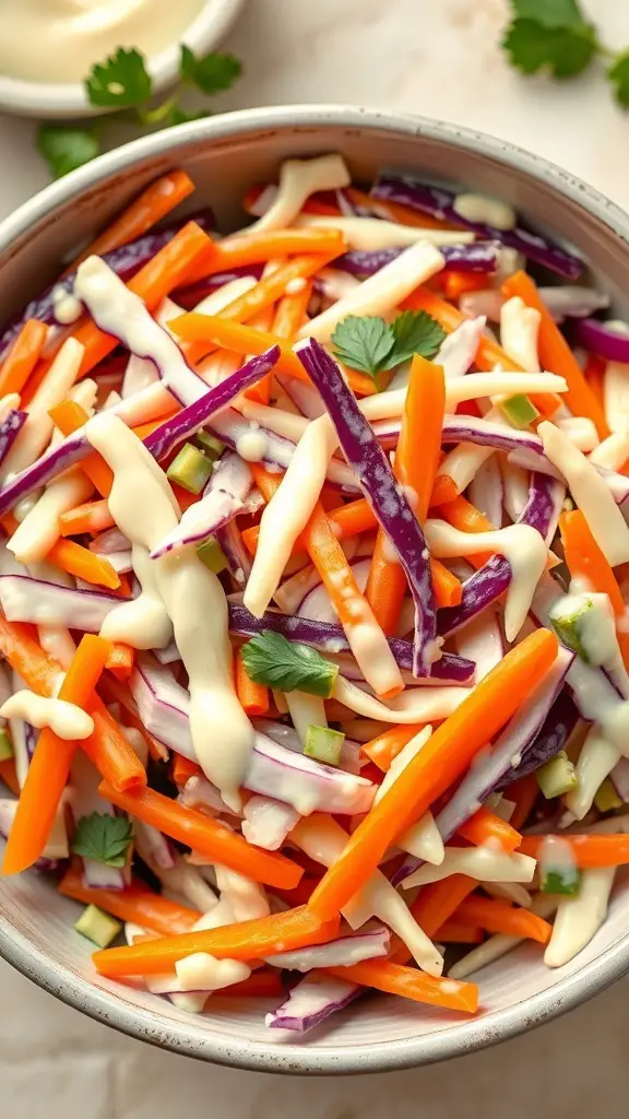 A bowl of colorful coleslaw with shredded carrots, purple cabbage, and creamy dressing.