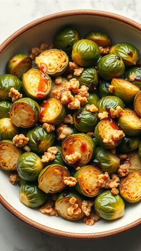 Maple glazed roasted Brussels sprouts with a shiny glaze and crispy texture, served in a bowl.