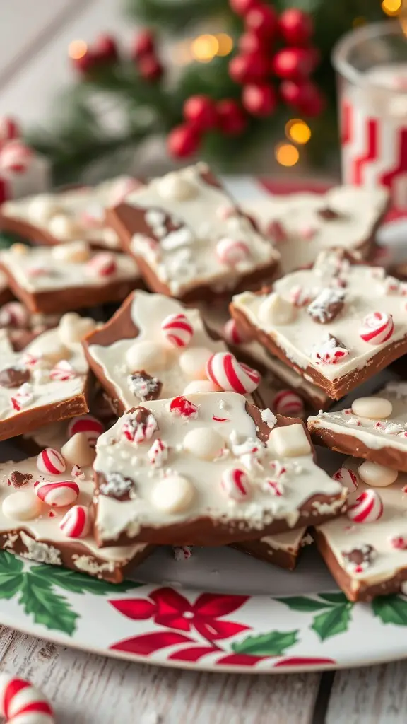 A festive platter of chocolate peppermint bark topped with crushed peppermint candies and white chocolate.