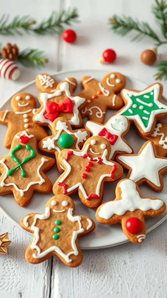 A plate of decorated gingerbread cookies in various shapes, including gingerbread men, stars, and Christmas trees, surrounded by festive decorations.
