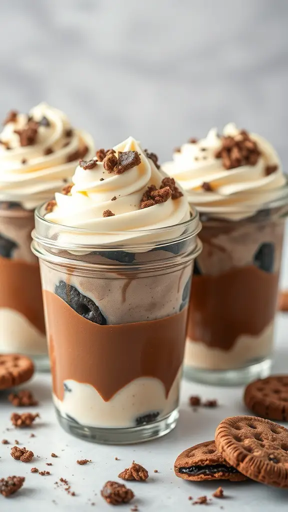 Three jars of creamy chocolate pudding parfaits topped with whipped cream and cookie crumbles.