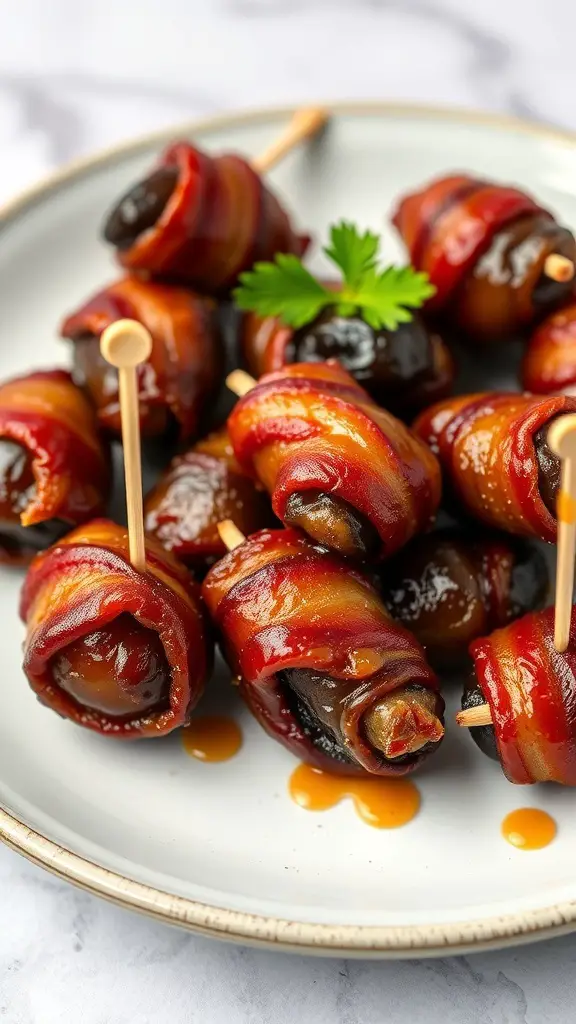 A plate of bacon-wrapped dates garnished with parsley and toothpicks.