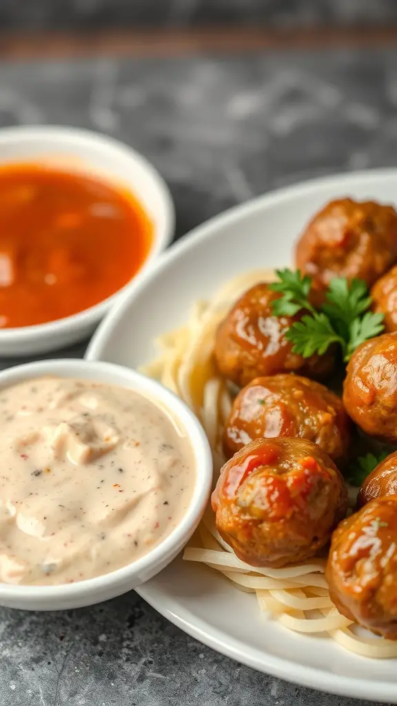 A plate of savory meatballs with two dipping sauces, one red and one creamy, garnished with parsley.