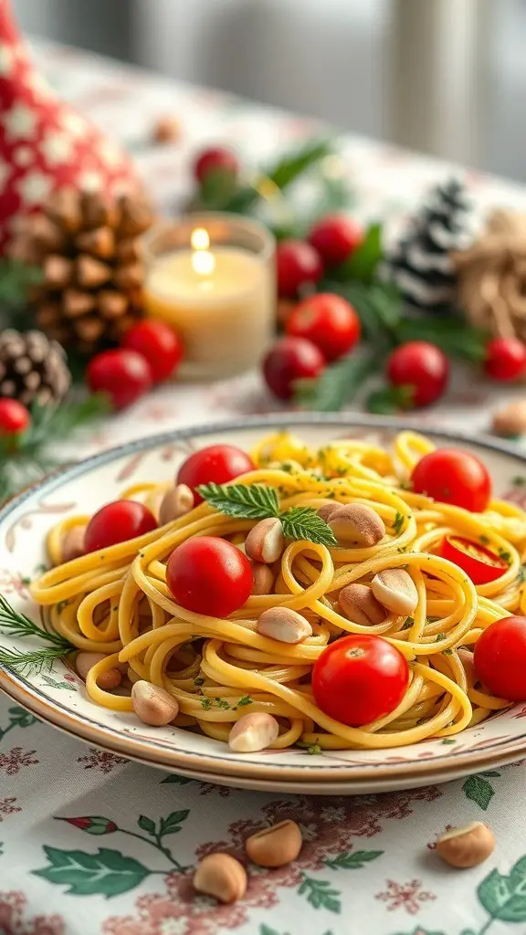 A plate of festive pesto pasta with cherry tomatoes, garnished with pine nuts and basil, set on a holiday-themed table.