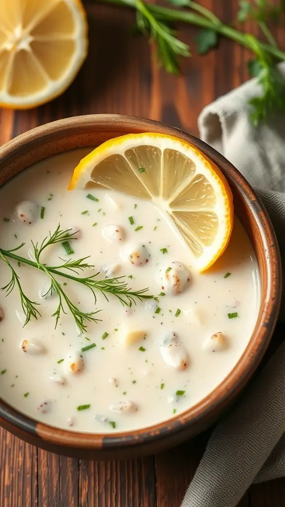A bowl of creamy lemon dill crab chowder garnished with lemon slices and dill.