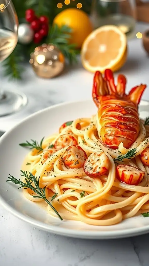 A plate of lobster linguine in white wine sauce, garnished with herbs and served with lemon.