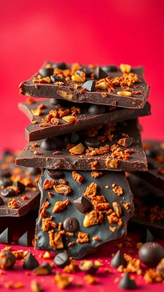 A stack of spicy chili chocolate bark with toppings on a red background.