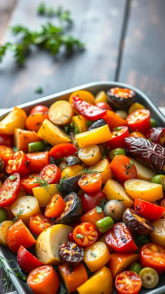 A colorful roasted vegetable medley featuring cherry tomatoes, bell peppers, and potatoes.