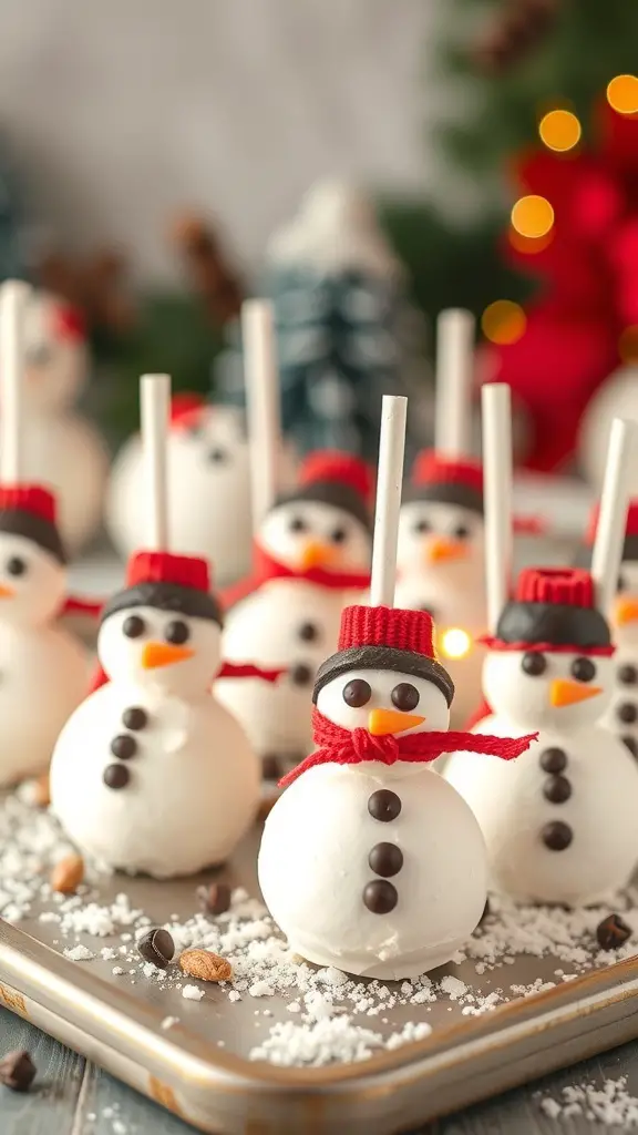 Nut-free snowman cake pops decorated with candy eyes, orange noses, and festive hats.