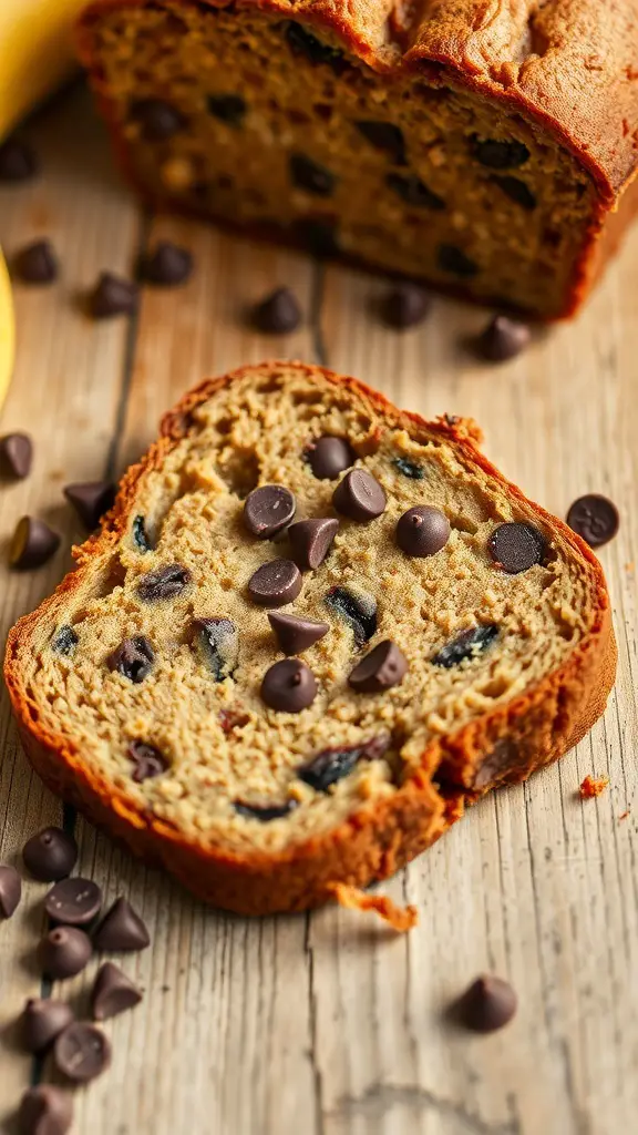 Sliced banana bread with chocolate chips on a wooden surface