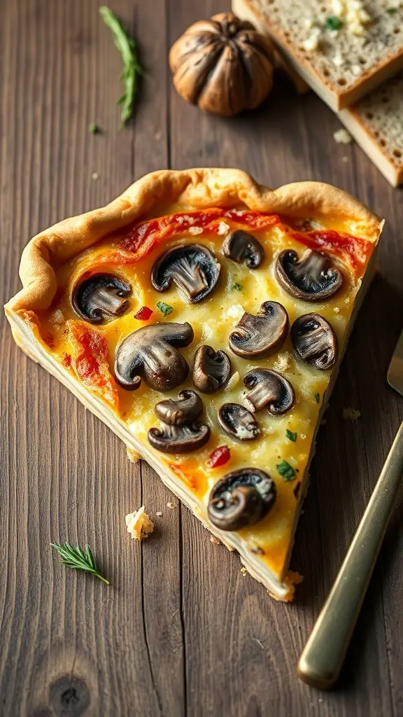 A slice of savory quiche with mushrooms and Gruyère cheese on a wooden table.