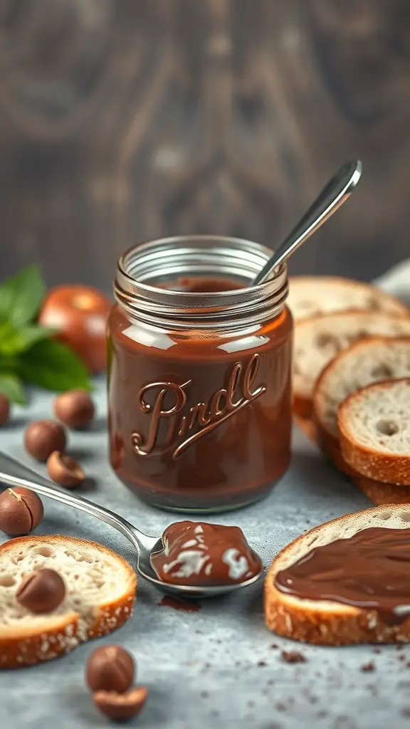 A jar of dark chocolate hazelnut spread with slices of bread and chocolate balls around it.