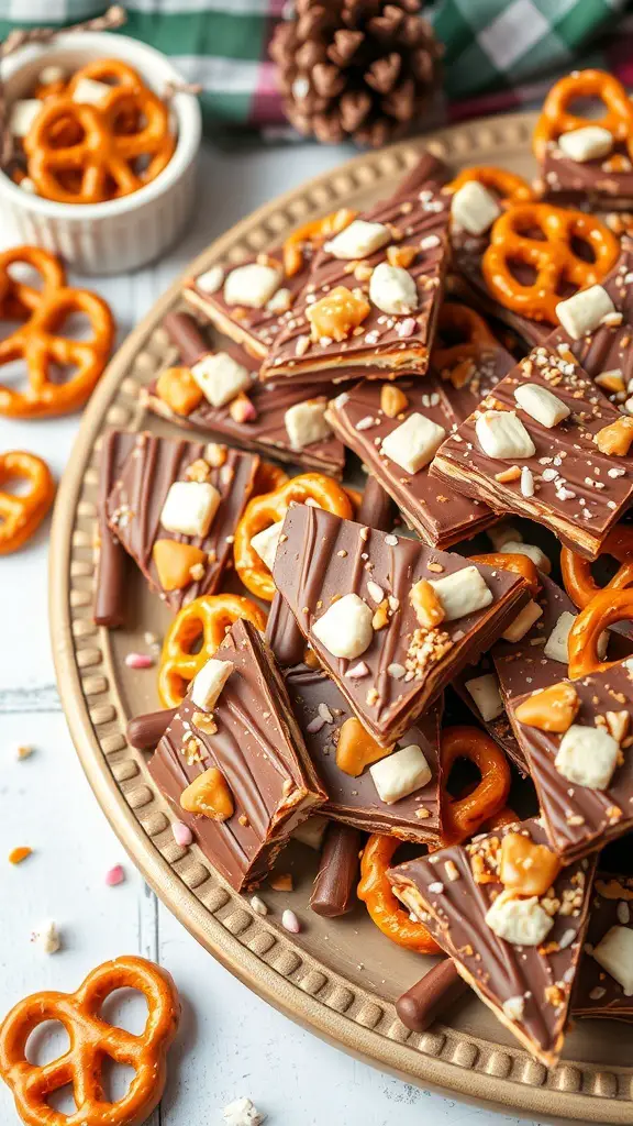 A platter of salted caramel pretzel bark with pretzels and chocolate