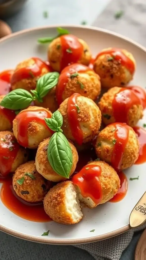 A plate of golden-brown paneer cheese balls drizzled with marinara sauce and garnished with fresh basil.