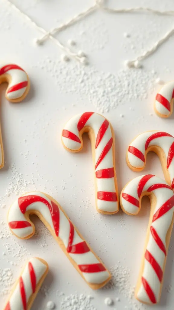 Decorated candy cane cookies with red and white stripes on a light background.