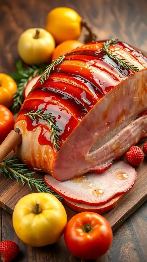 A beautifully glazed honey ham with a shiny surface, garnished with herbs and surrounded by fresh fruits.