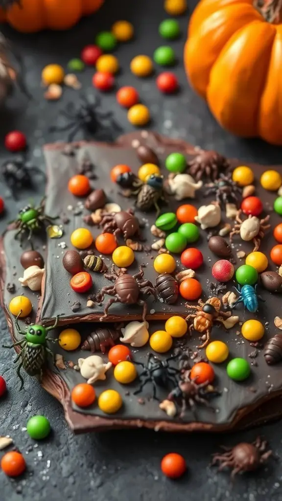 A colorful Halloween cracker bark topped with candies and bug decorations, surrounded by pumpkins.