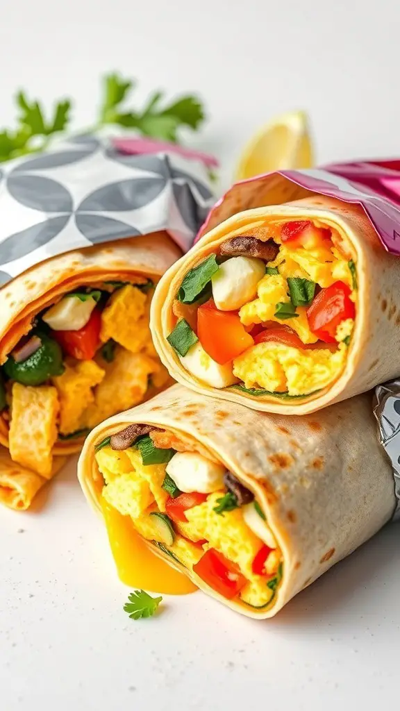 Three colorful breakfast burritos filled with eggs and vegetables, wrapped in paper.