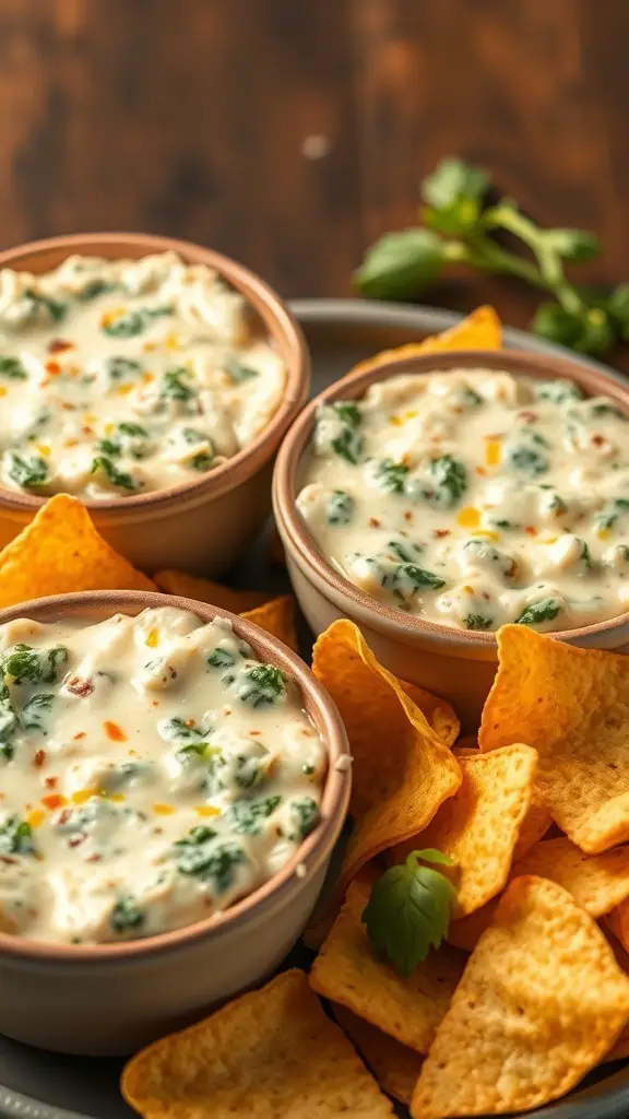 Cheesy spinach artichoke dip cups served with tortilla chips