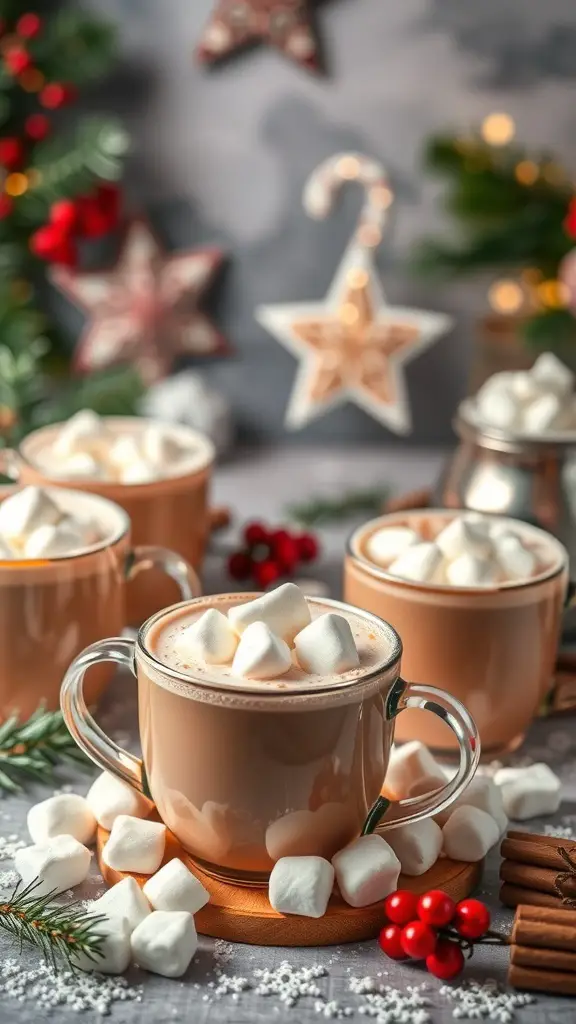 A cozy hot chocolate station with mugs of hot chocolate topped with marshmallows, surrounded by festive decorations.