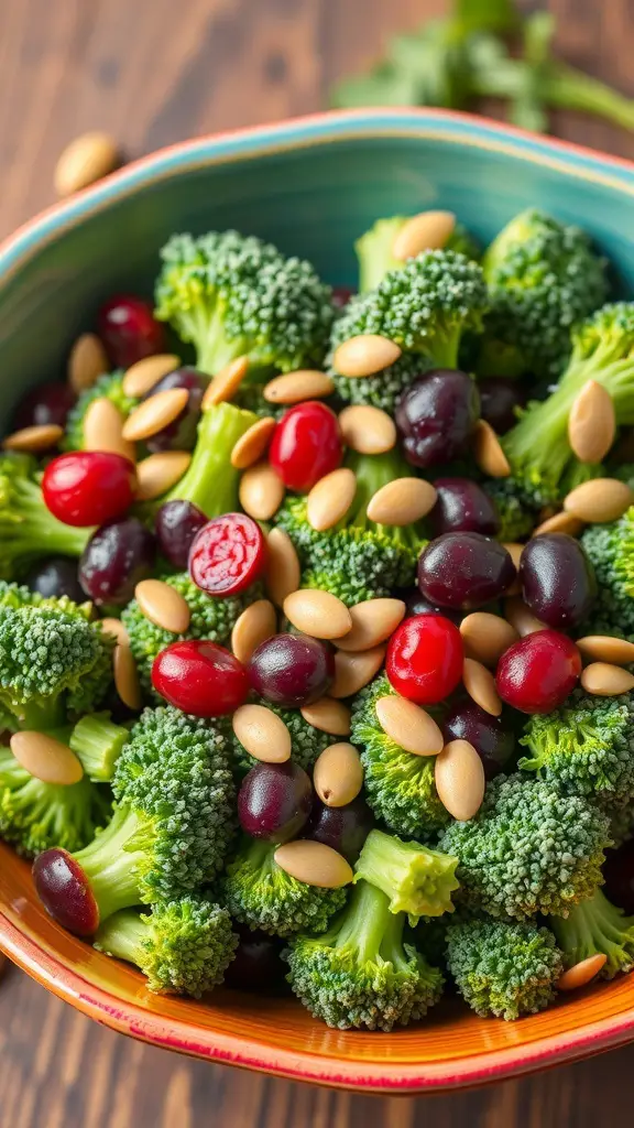 A vibrant bowl of broccoli salad with cranberries and almonds.