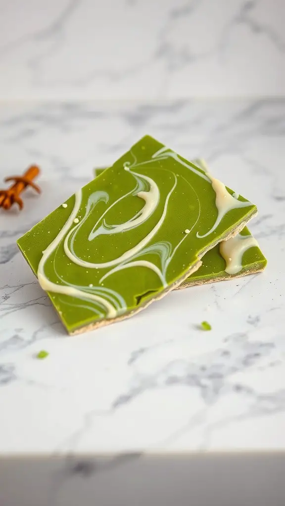 Matcha green tea bark with white chocolate swirls on a marble surface