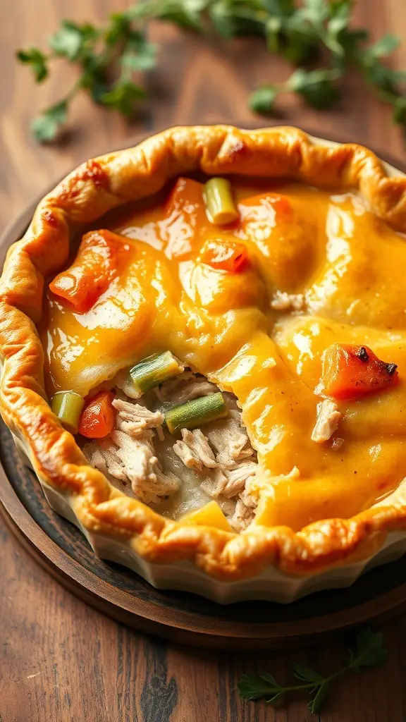 A delicious turkey pot pie with a flaky crust, filled with shredded turkey and vegetables.