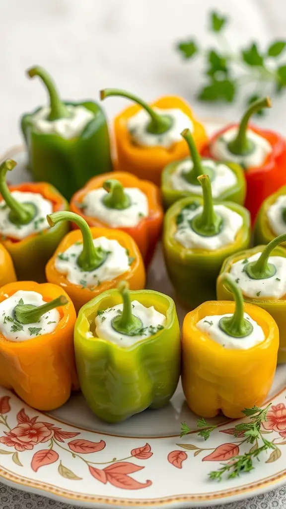 A plate of colorful stuffed mini peppers filled with cream cheese and herbs.
