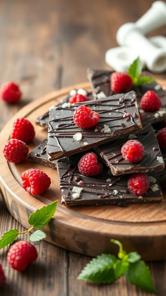 Raspberry Dark Chocolate Bark on a wooden board with fresh raspberries and mint leaves
