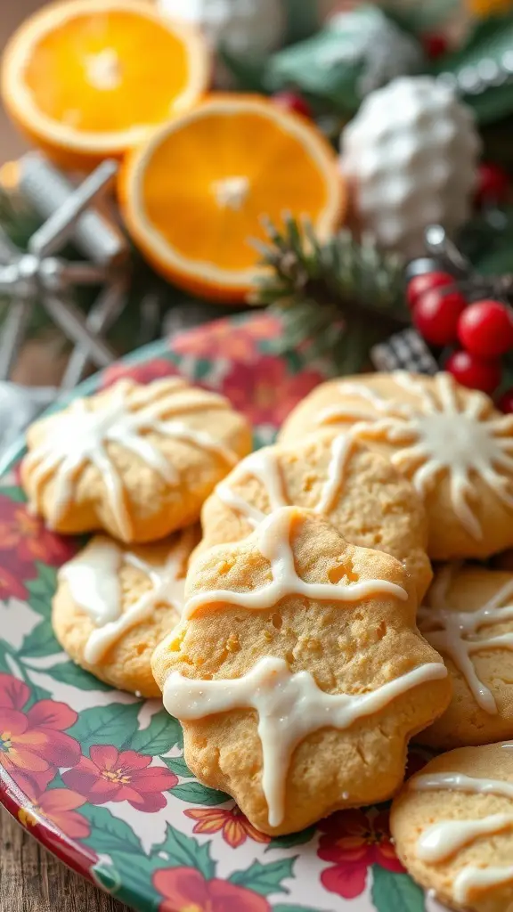 A plate of orange zest cookies decorated with icing, surrounded by orange slices and holiday decorations.