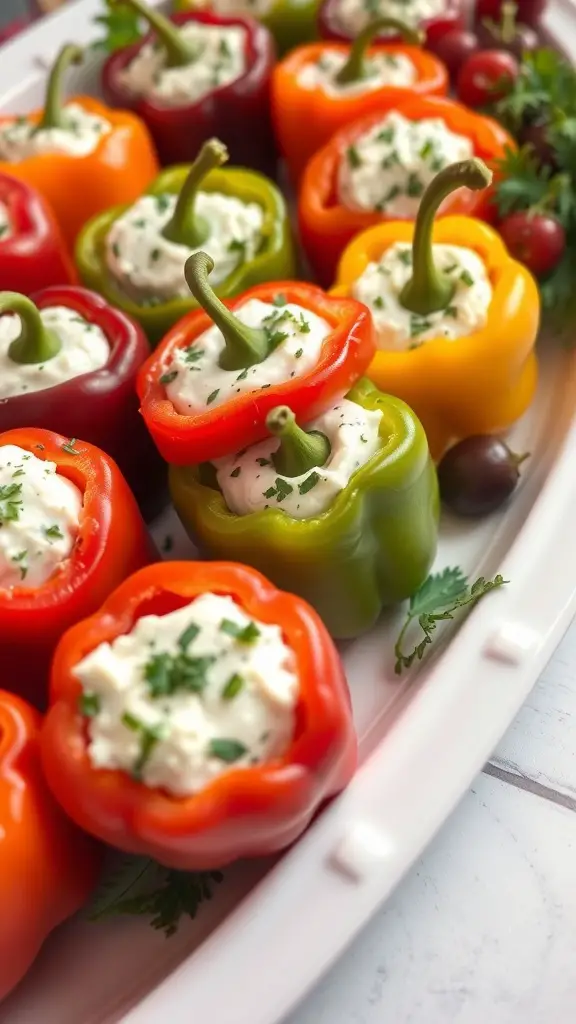 A platter of colorful stuffed mini peppers filled with creamy cheese and garnished with herbs.