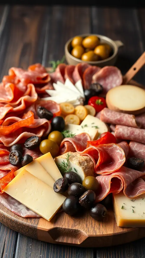 A charcuterie board featuring various meats, cheeses, olives, and herbs.