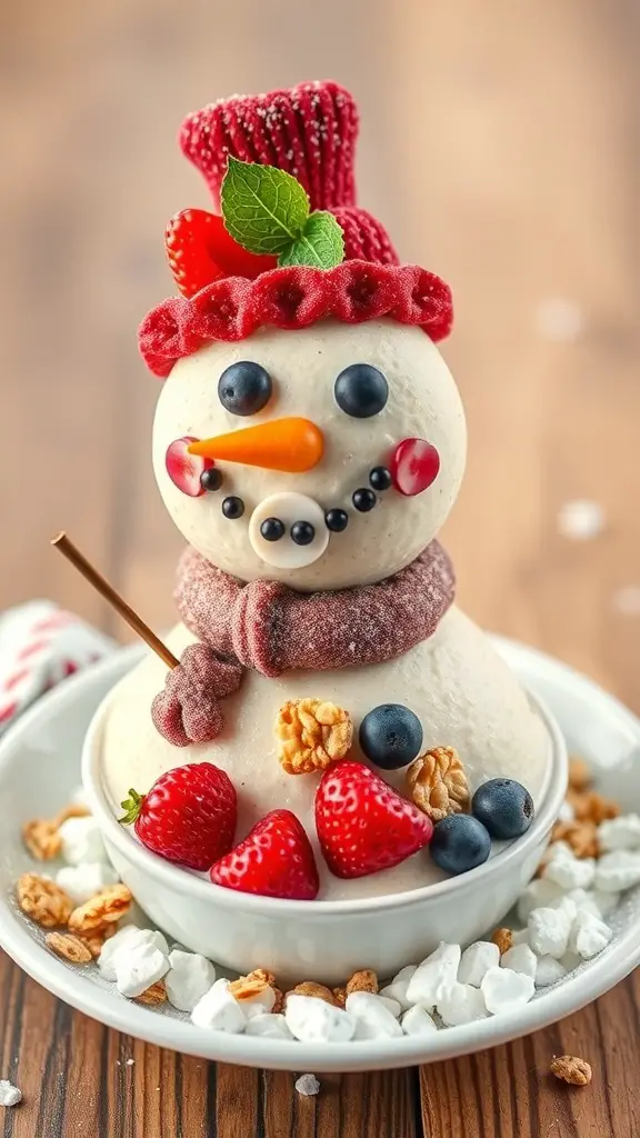 A snowman made from a smoothie bowl, decorated with fruits and candies.