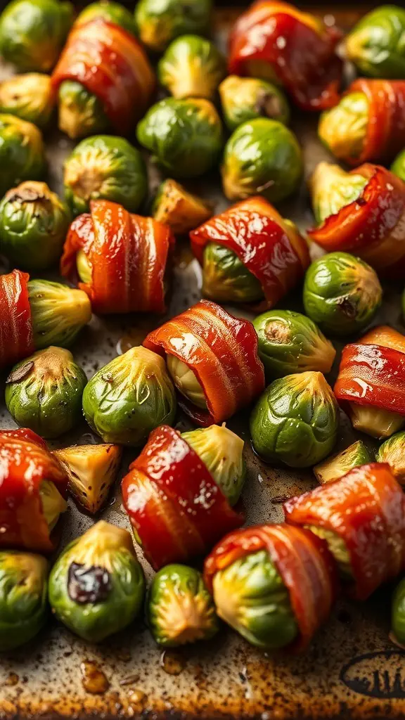 A close-up of bacon-wrapped Brussels sprouts on a baking tray.