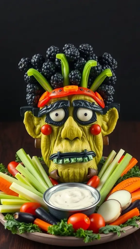 A creative Frankenstein veggie platter made with bell peppers, blackberries, celery, and other vegetables.