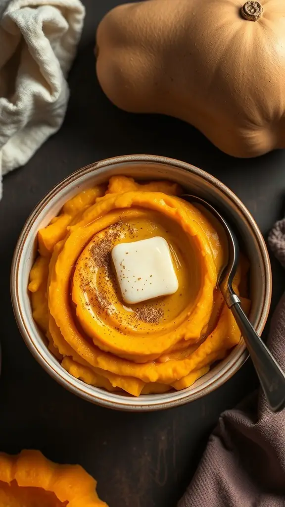 A bowl of butternut squash mash topped with butter and seasoning, with a whole butternut squash in the background.