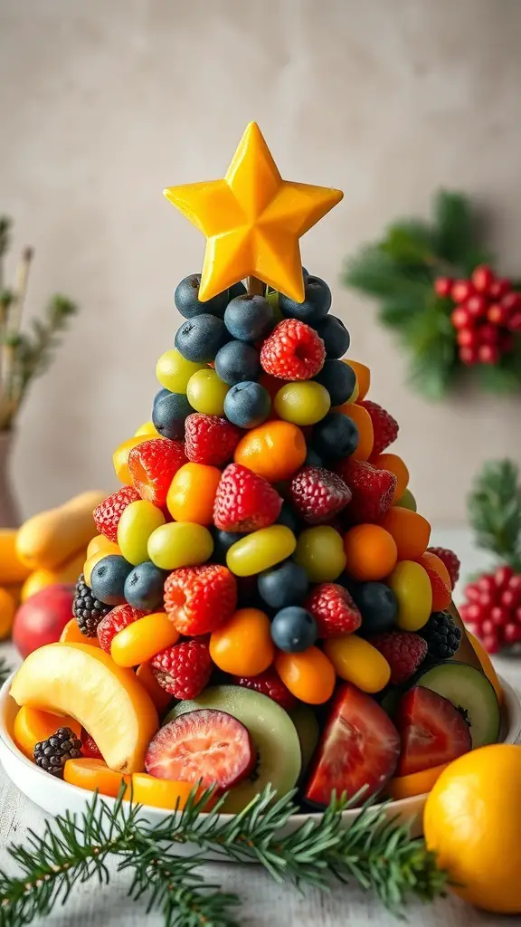 A colorful fruit platter shaped like a Christmas tree, topped with a star.