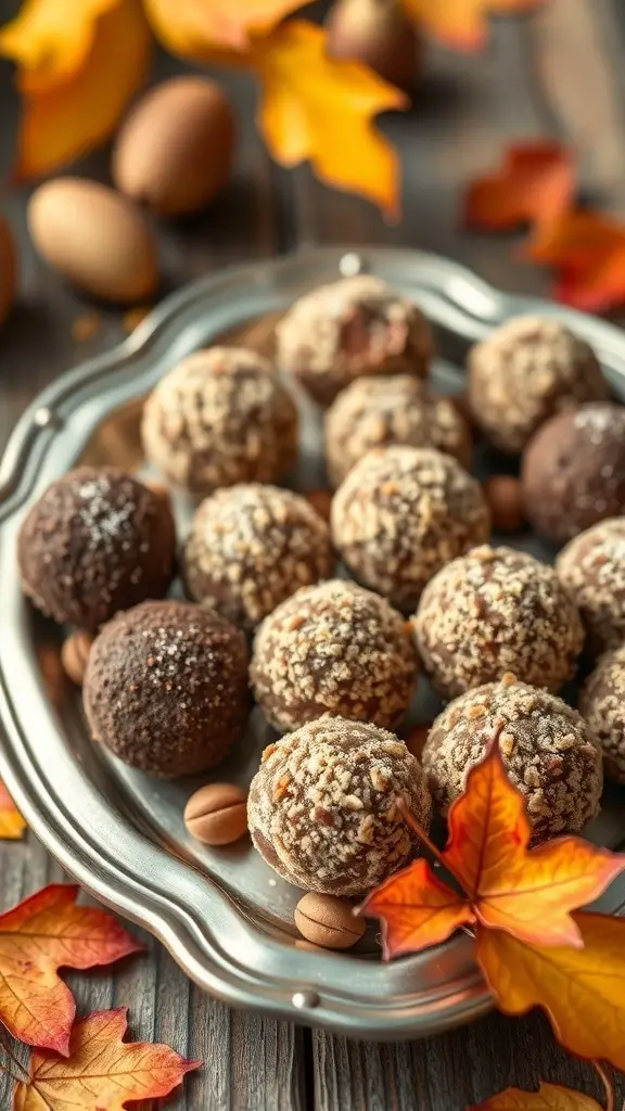 A platter of Hazelnut Crunch Truffles surrounded by autumn leaves