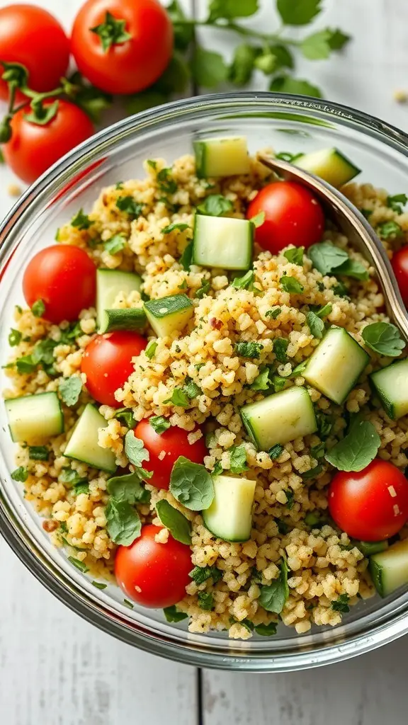 A bowl of herb-infused quinoa salad with cherry tomatoes and cucumbers