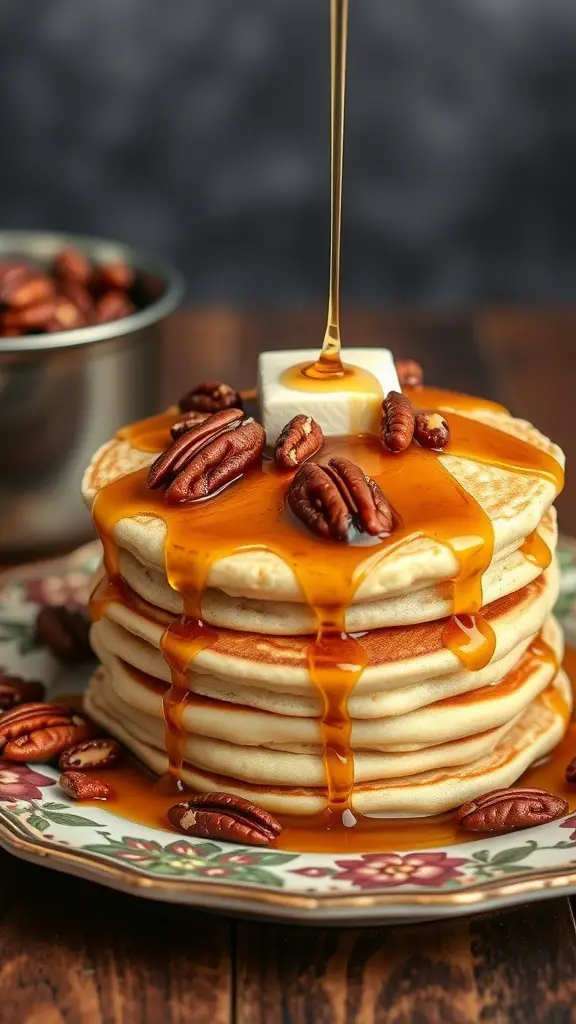 Stack of maple pecan pancakes drizzled with syrup and topped with pecans