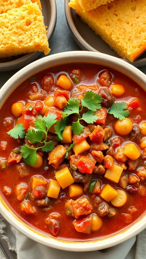A bowl of turkey chili with beans and cornbread on the side.