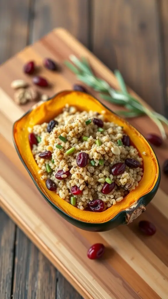 Stuffed acorn squash filled with quinoa and beans on a wooden cutting board