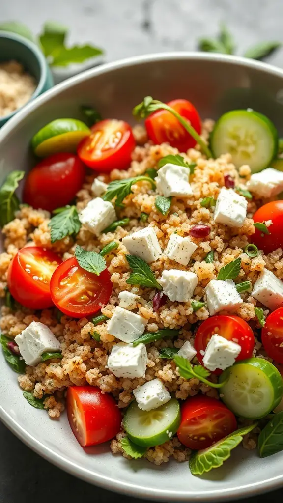 A bowl of Mediterranean Quinoa Salad with cherry tomatoes, cucumbers, and feta cheese.