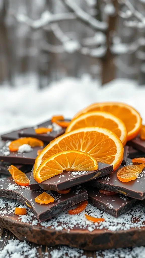 Dark chocolate bark topped with orange slices and powdered sugar.