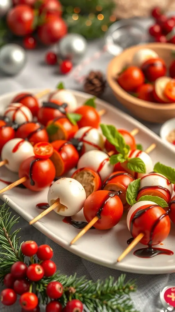 Caprese skewers with cherry tomatoes, mozzarella, and basil drizzled with balsamic glaze on a platter.