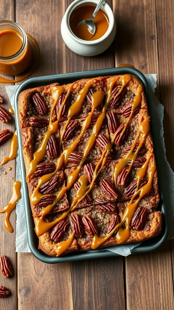 A tray of pecan pie bars drizzled with caramel sauce and topped with pecans.