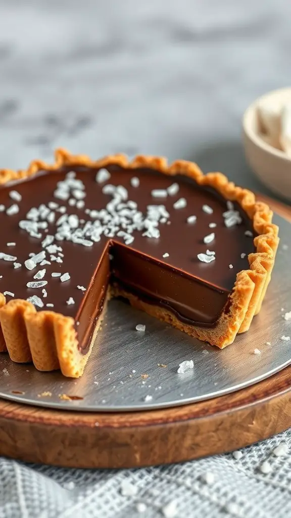 A rich chocolate tart with a buttery crust, topped with sea salt, and a slice cut out.